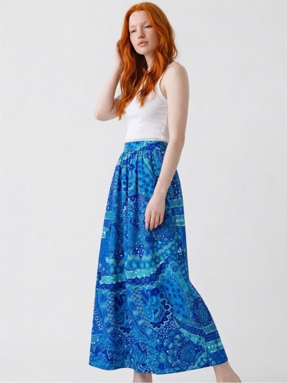 70s Vintage Blue Paisley Maxi Skirt - Turquoise & Navy Print